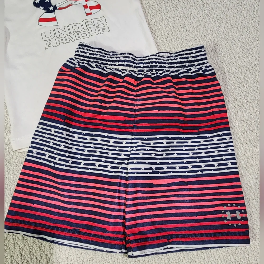 Under Armour Swim Boys Red White‎ And Blue Patriotic Rashguard And Suit Sz 5
